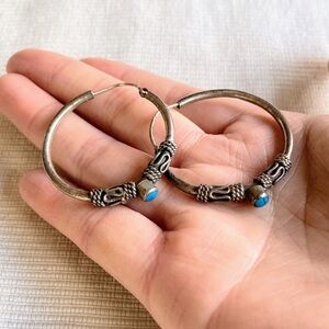Vintage Large Turquoise Sterling Silver 925 Bali Style Inlay Hoop Post Earrings